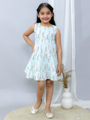 Kamee Girls Green Frock Dress – Pure Cotton Printed Fit & Flare