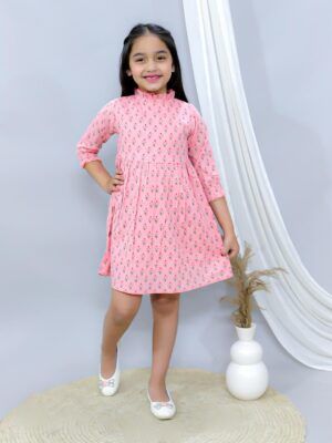 Kamee Girls Pink Frock Dress – Pure Cotton Printed Fit & Flare