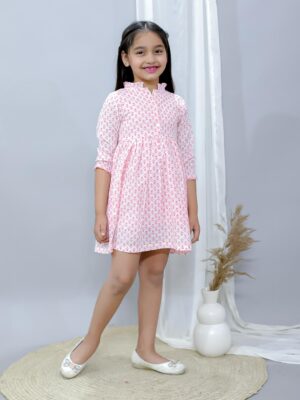 Kamee Girls Pink Frock Dress – Printed Cotton Fit & Flare
