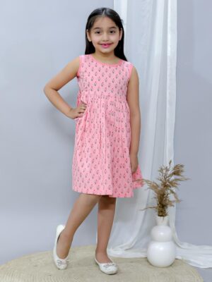 Kamee Girls Printed Pink Frock Dress – Pure Cotton Fit & Flare