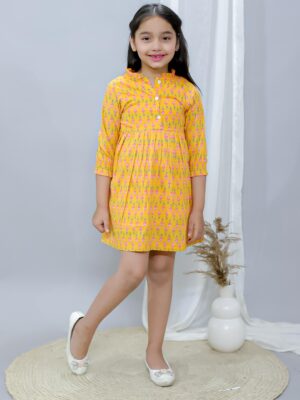 Kamee Girls Yellow Frock Dress – Pure Cotton Printed Fit & Flare
