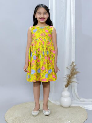 Kamee Girls Printed Yellow Frock Dress – Pure Cotton Fit & Flare