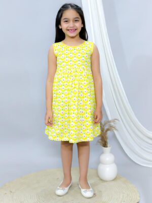 Kamee Girls Geometric Yellow Frock Dress – Pure Cotton Fit & Flare