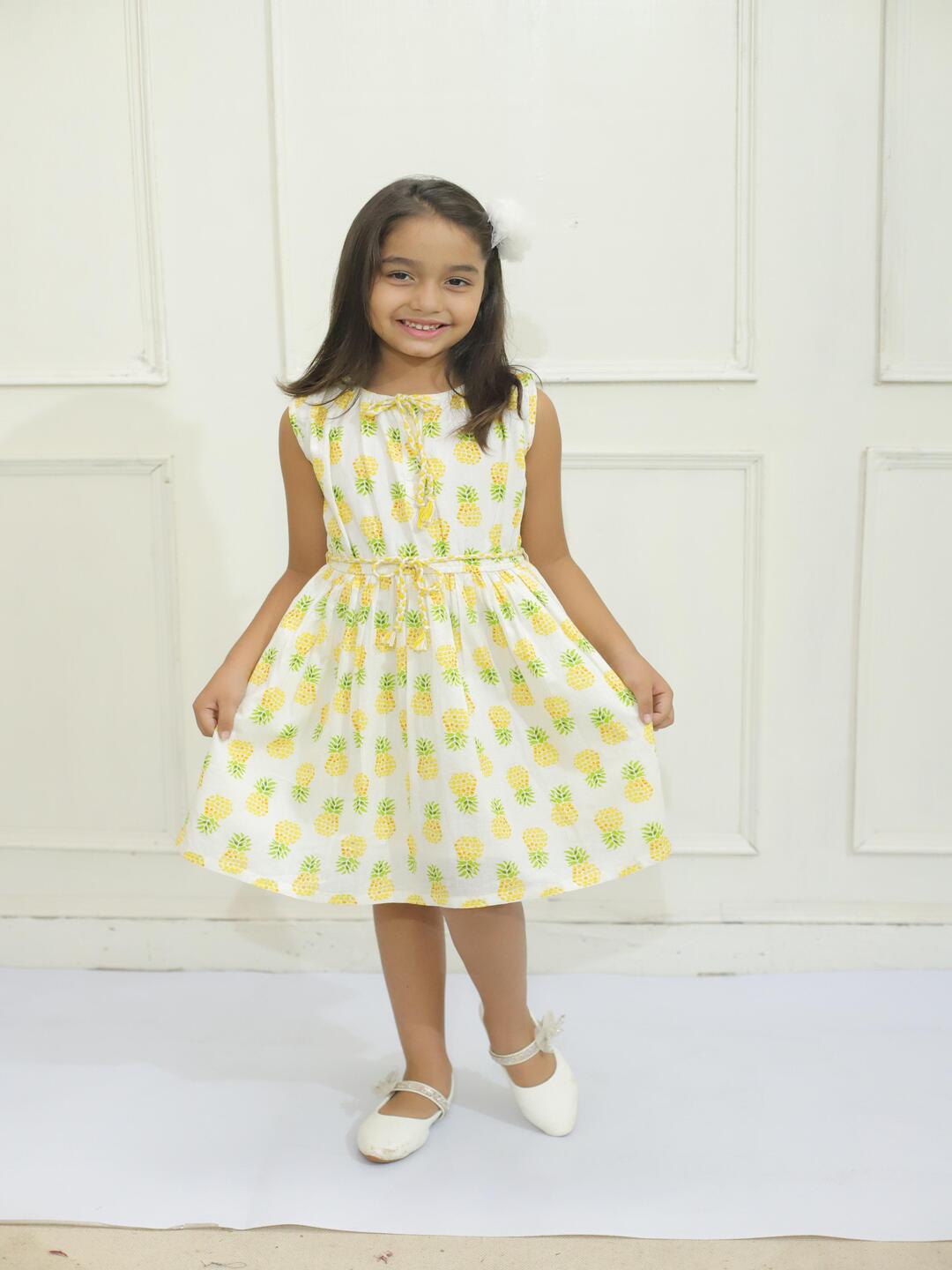 1 Kamee Girls Yellow Frock Dress – Printed Cotton Fit & Flare