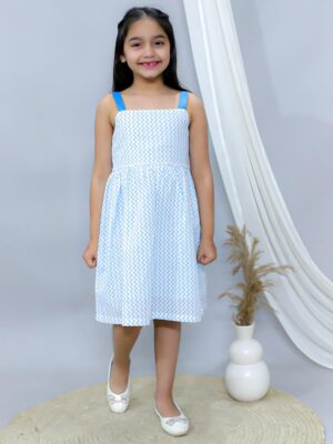 Kamee Girls Blue Shoulder Strap Frock Dress – Pure Cotton Fit & Flare