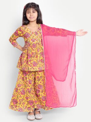 Ka-mee Girls Floral Printed Pure Cotton Kurta with Sharara & Dupatta