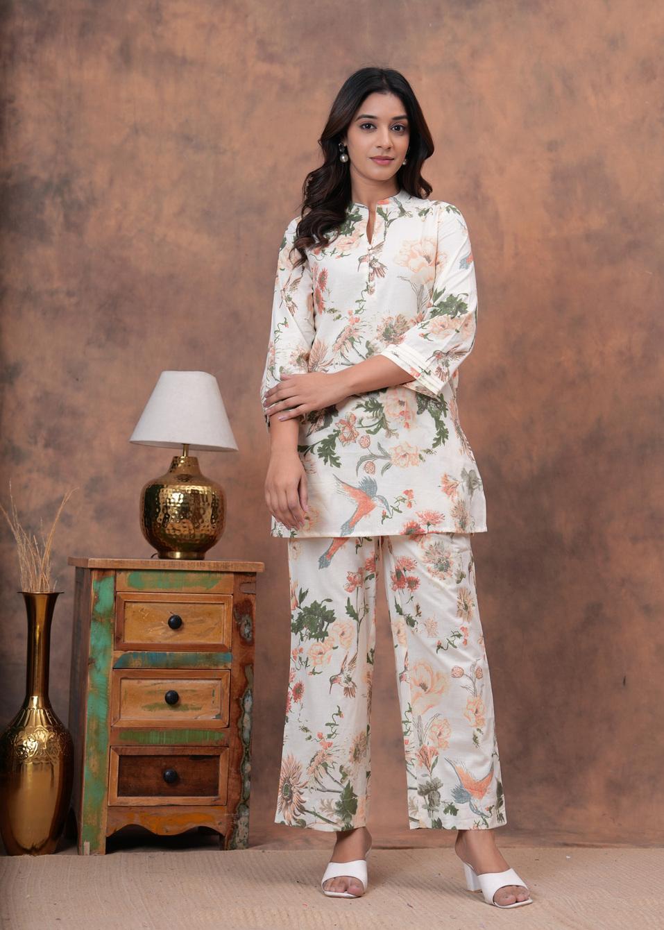 1 Kamee Cotton Flower Co-ord Set – Cream Floral Shirt and Trouser