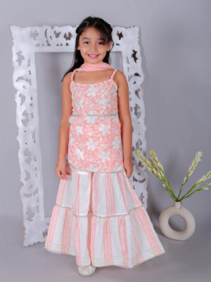 Ka-mee Girls Blue Ethnic Motifs Printed Pure Cotton Kurti with Sharara & Dupatta