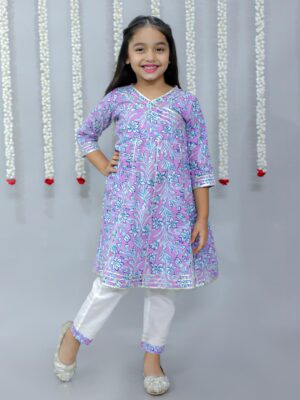 Ka-mee Girls Floral Printed Gotta Patti Angrakha Pure Cotton Kurta With Pants