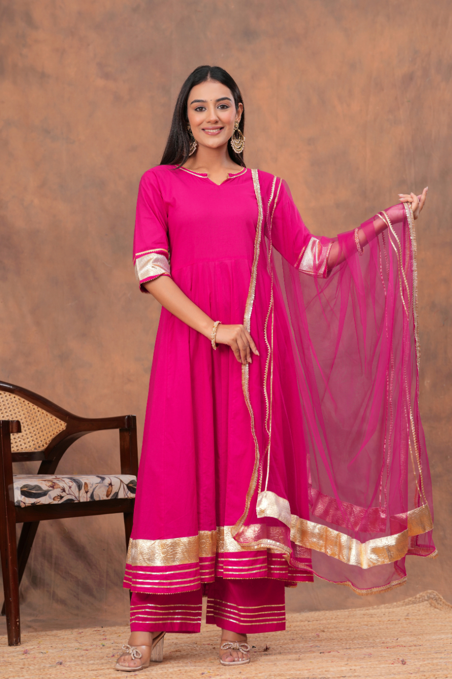 Kamee Printed V-Neck Kurta with Palazzo & Dupatta in Pink Cotton