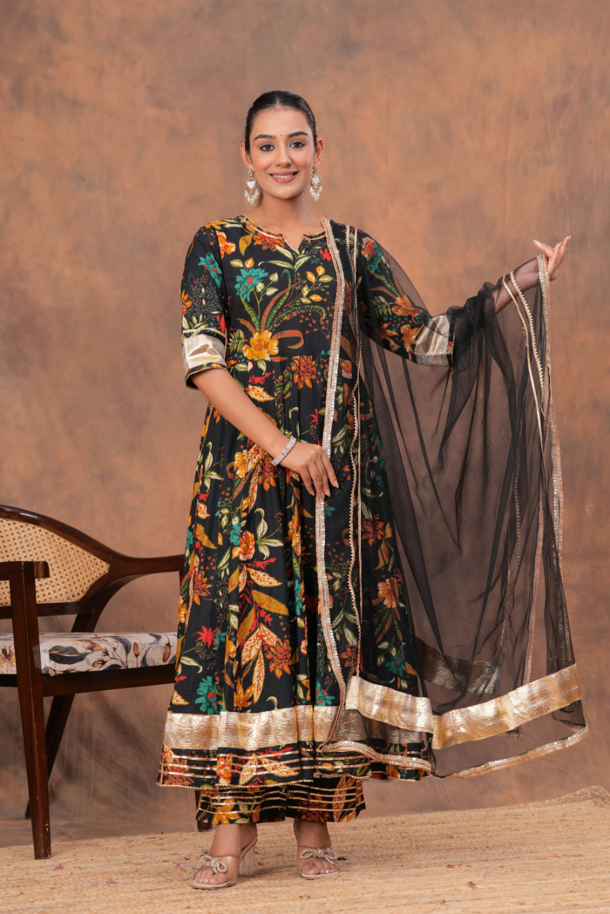 Kamee Black Printed V-Neck Kurta with Palazzo & Dupatta in Cotton