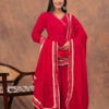 Kamee Red V-Neck Kurta Palazzo Set with Dupatta in Cotton
