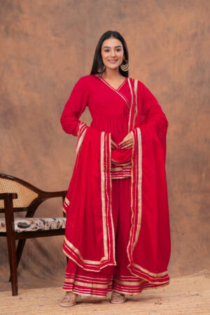 Kamee Red V-Neck Kurta Palazzo Set with Dupatta in Cotton