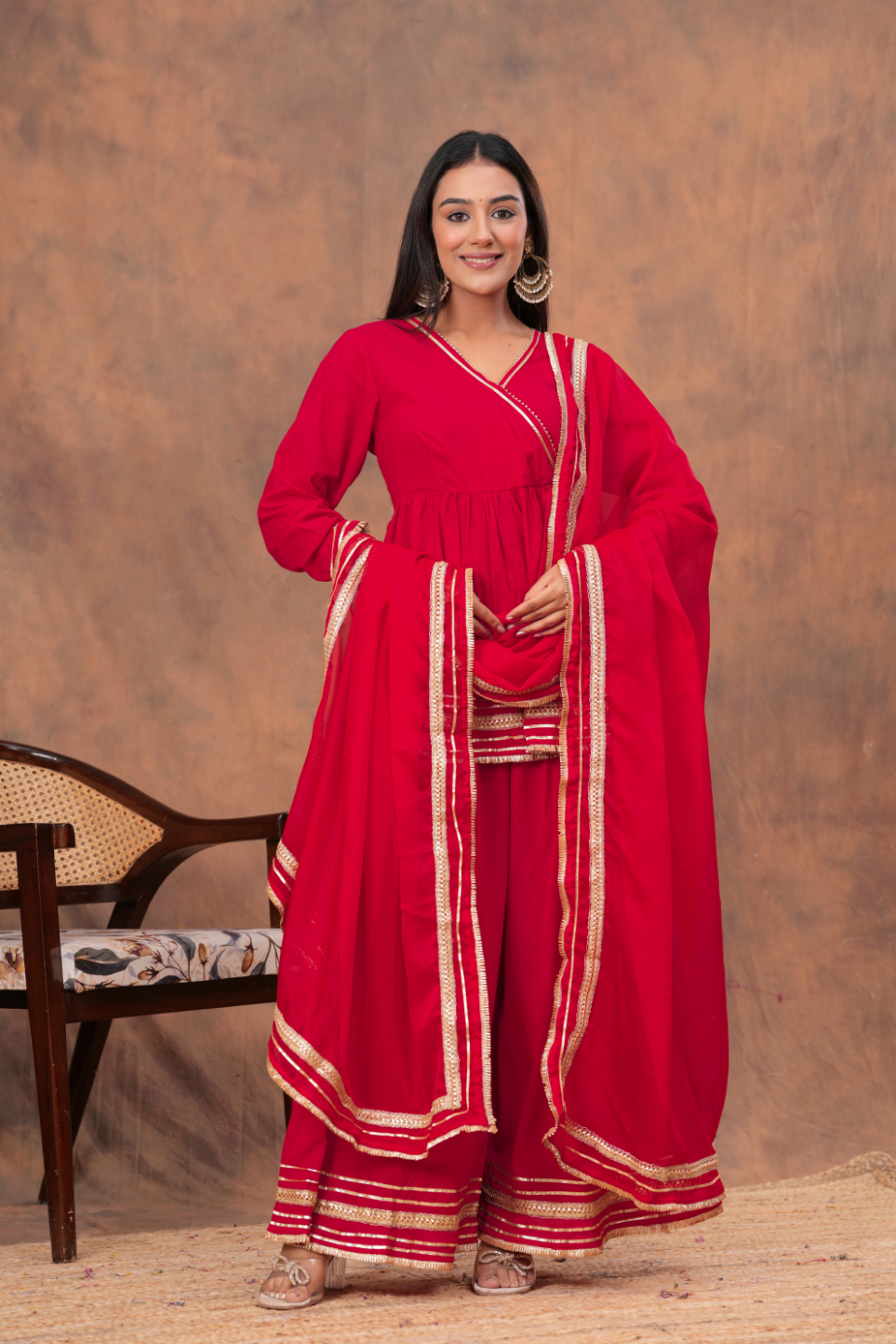 Kamee Red V-Neck Kurta Palazzo Set with Dupatta in Cotton
