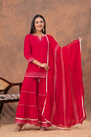 Kamee Red V-Neck Kurta Palazzo Set with Dupatta in Cotton
