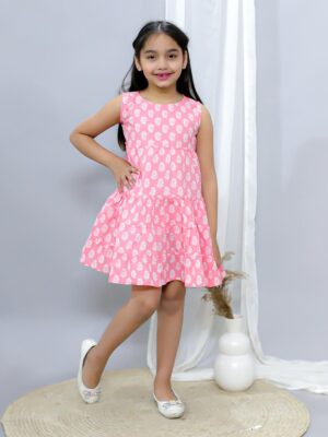 Kamee Girls Geometric Pink Frock Dress – Pure Cotton Fit & Flare
