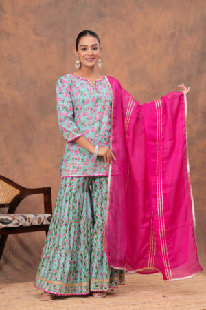 Kamee Blue V-Neck Kurta Palazzo Set with Dupatta in Cotton