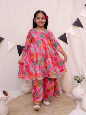 Ka-mee Girls V-Neck Floral Printed Panelled Pure Cotton A-Line Kurta with Sharara