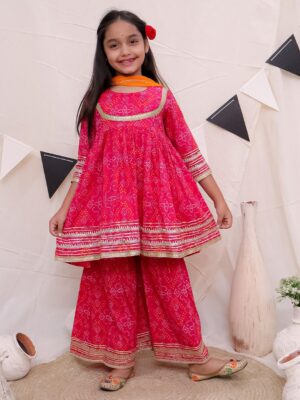 Ka-mee Girls Floral Printed Regular Thread Work Pure Cotton Kurta with Sharara & Dupatta