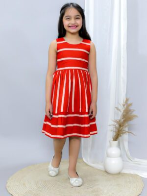 Kamee Girls Red Frock Dress – Pure Cotton Printed Fit & Flare