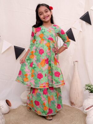 Ka-mee Girls V-Neck Floral Printed Panelled Pure Cotton A-Line Kurta with Sharara