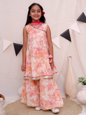 Ka-mee Girls Floral Printed Gotta Patti Pure Cotton A Line Kurta with Sharara & Dupatta