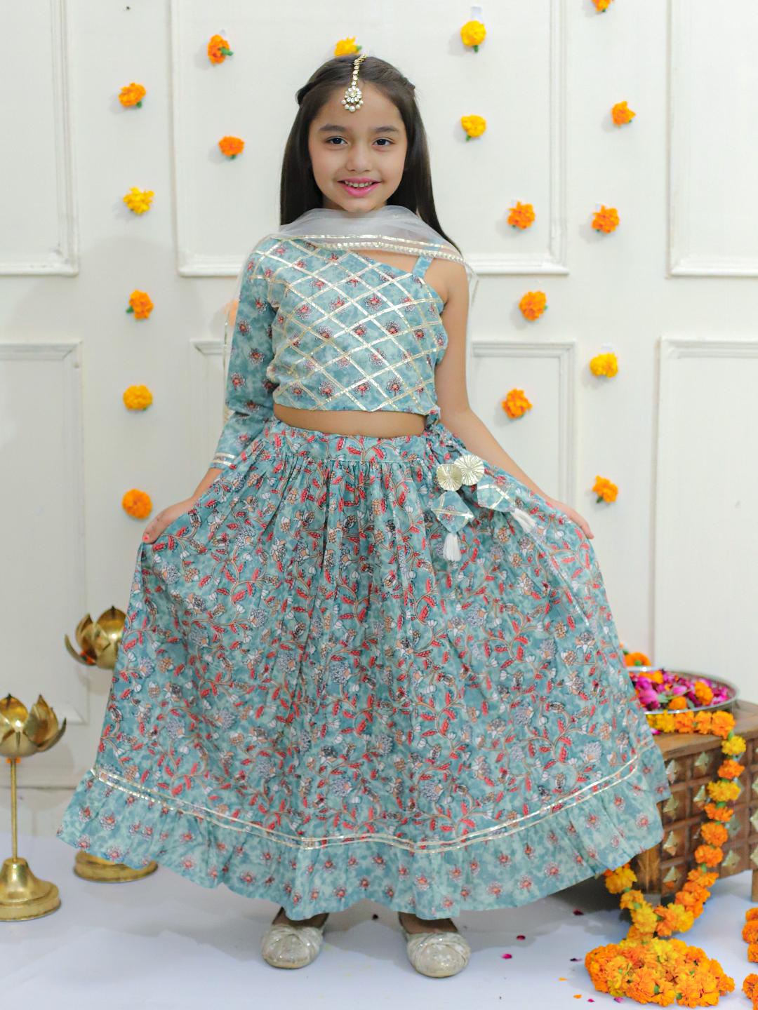 19 Kamee Girls Blue Lehenga & Choli Set with Dupatta in Cotton