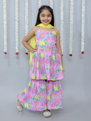 Ka-mee Girls Floral Printed Pleated Pure Cotton Kurta with Sharara & Dupatta