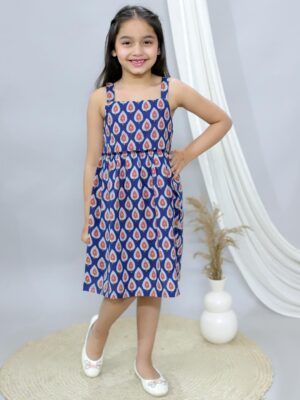 Kamee Girls Blue Shoulder Strap Frock Dress – Pure Cotton Fit & Flare