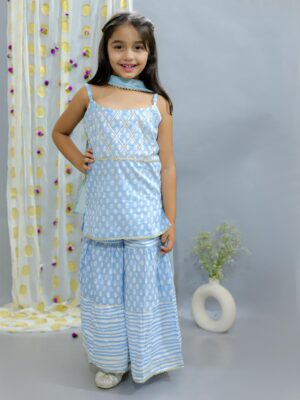 Ka-mee Girls Blue Ethnic Motifs Printed Pure Cotton Kurti with Sharara & Dupatta