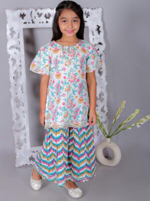Ka-mee Girls Floral Printed Gotta Patti Pure Cotton Kurta with Sharara