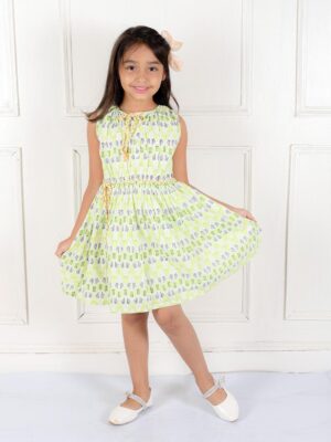 Kamee Girls Green Frock Dress – Pure Cotton Fit & Flare