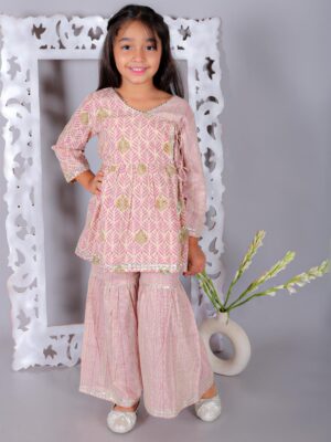 Ka-mee Girls Floral Printed Angrakha Gotta Patti Pure Cotton A-line Kurta With Sharara