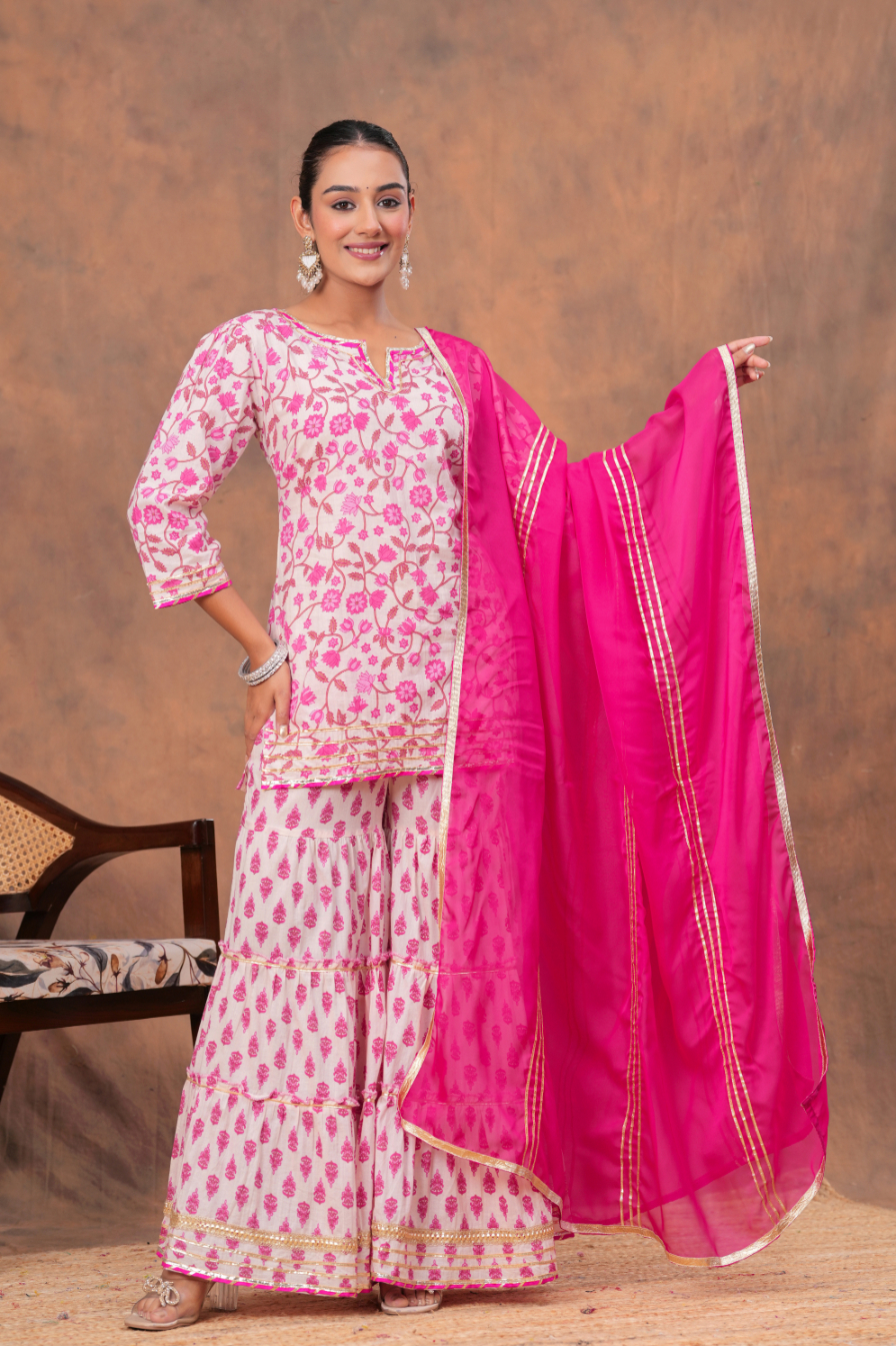 5 Kamee Pink V-Neck Kurta Palazzo Set with Dupatta in Cotton