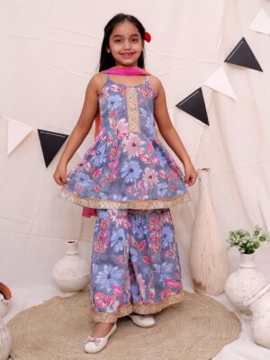 Ka-mee Girls Floral Printed Regular Pure Cotton Kurta with Sharara & Dupatta