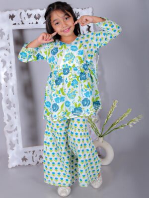 Ka-mee Girls Floral Printed Angrakha Pure Cotton Kurti With Sharara