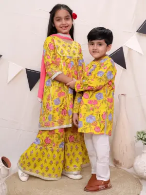 Kamee Siblings Yellow Floral Printed Pure Cotton Co-Ord Set – Comfortable & Stylish