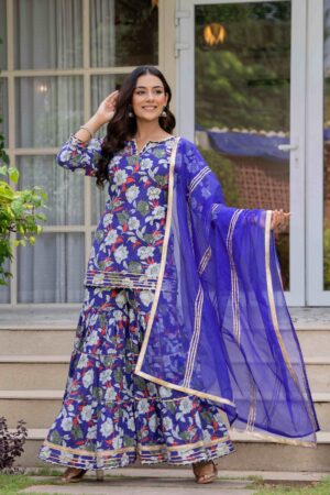Kamee Blue V-Neck Kurta Palazzo Set with Dupatta in Cotton