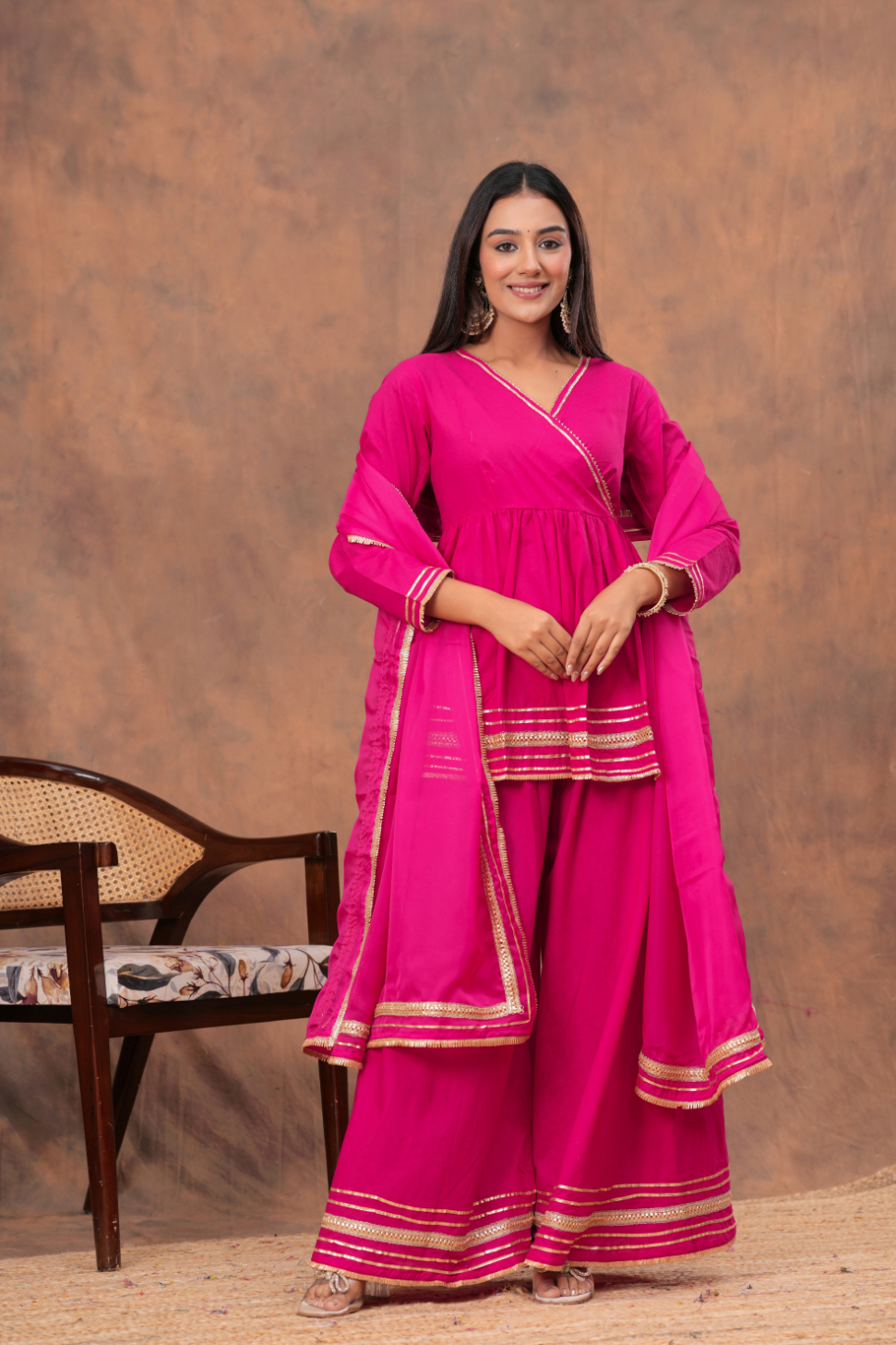 6 Kamee Pink V-Neck Kurta Palazzo Set with Dupatta in Cotton