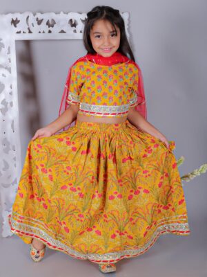 Kamee Girls Yellow Floral Cotton Lehenga & Choli Set with Dupatta