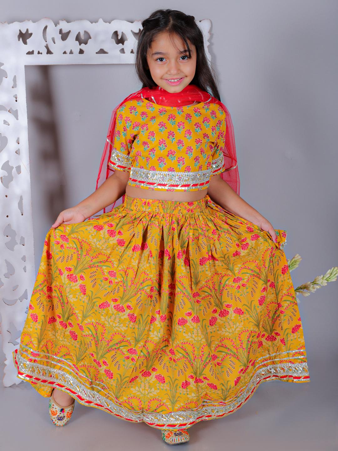 Kamee Girls Yellow Floral Cotton Lehenga & Choli Set with Dupatta