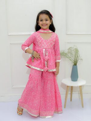 Ka-mee Girls Bandhani Printed Gotta Patti Pure Cotton Kurti With Sharara & Dupatta