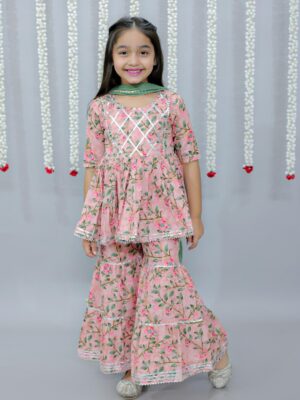 Ka-mee Girls Floral Printed Gotta Patti Pure Cotton Kurti & Sharara With Dupatta
