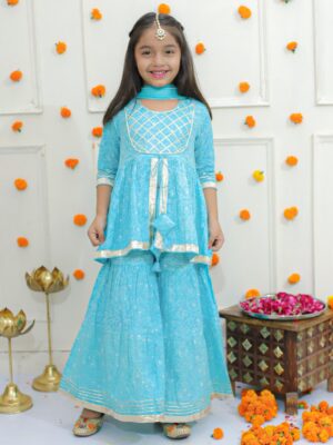 Ka-mee Girls Bandhani Printed Gotta Patti Pure Cotton Kurti With Sharara & Dupatta