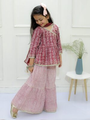 Ka-mee Girls Maroon Printed Pure Cotton Kurti With Sharara & Dupatta