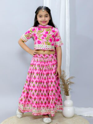 Kamee Girls Pink Lehenga & Choli Dupatta Set – Cotton Festive Outfit