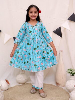 Ka-mee Girls Floral Printed Gotta Patti Angrakha Pure Cotton Kurta With Pants
