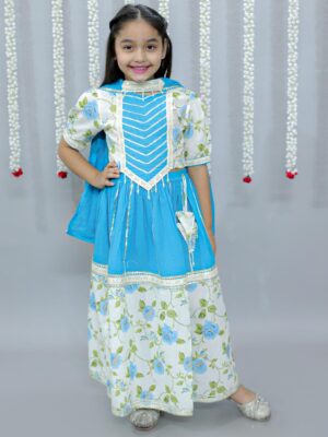 Kamee Girls Blue Floral Cotton Lehenga with Dupatta – Traditional Kids Wear