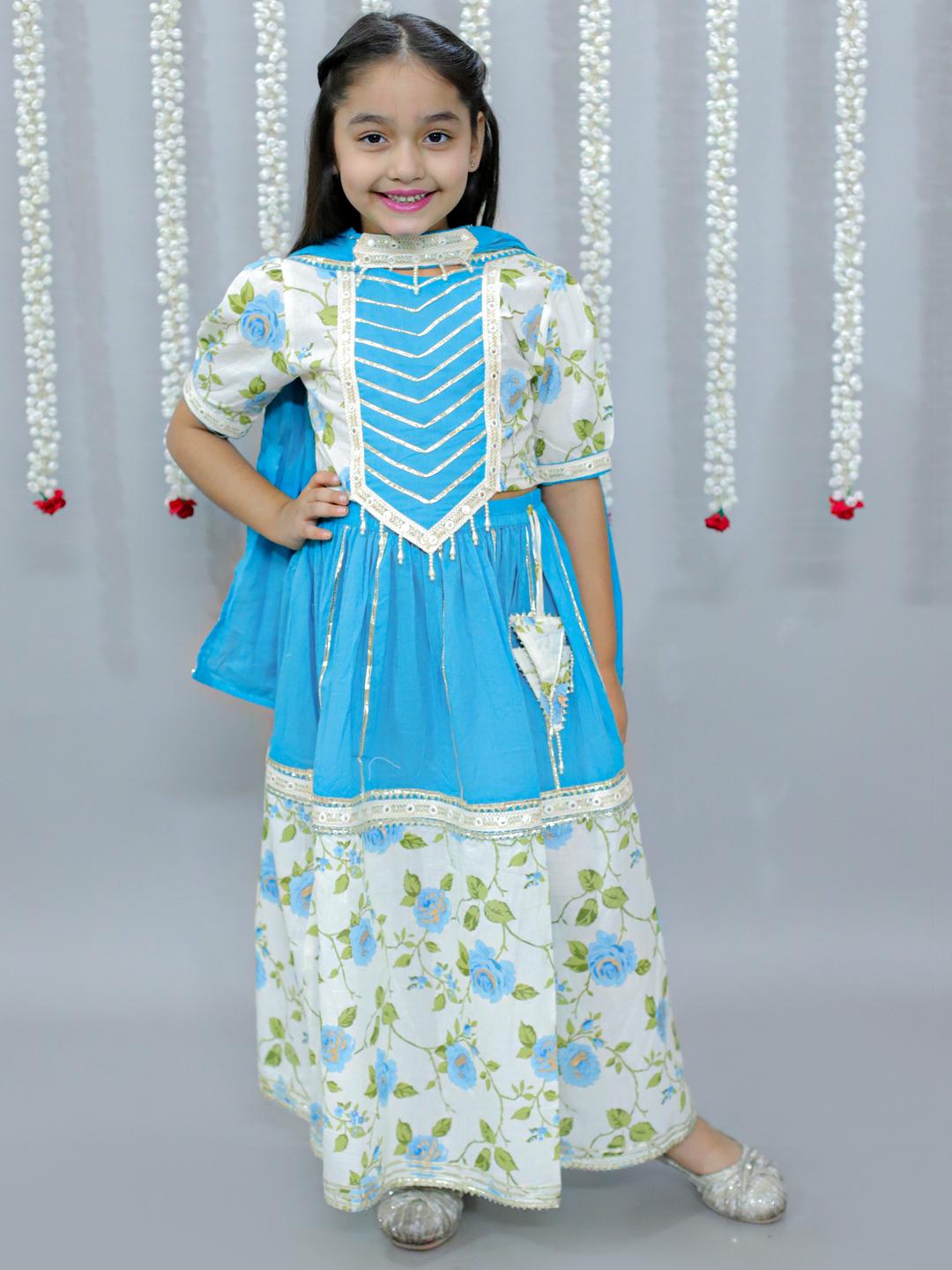 Kamee Girls Blue Floral Cotton Lehenga with Dupatta – Traditional Kids Wear