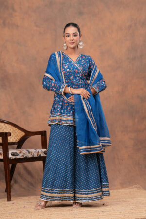 Kamee Blue V-Neck Kurta Palazzo Set with Dupatta in Cotton